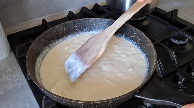 Cooking a creamy sauce in a pan on the stove in a modern kitchen