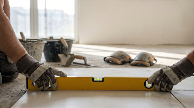 Construction worker using a spirit level to check the alignment of newly laid floor tiles during a home renovation project