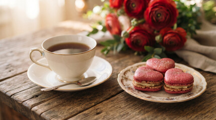 Fototapeta premium Heartshaped pink macarons on a vintage plate with a cup of tea and a bouquet of red ranunculus flowers on a rustic wooden table
