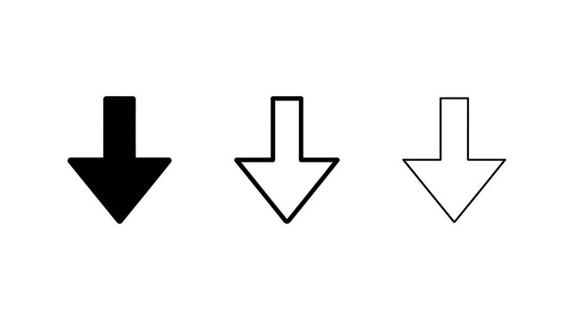 Down arrow icon set, solid and outline styles isolated on transparent background