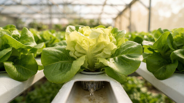 Fresh green lettuce growing in a hydroponic system inside a greenhouse, sustainable agriculture and healthy food production concept