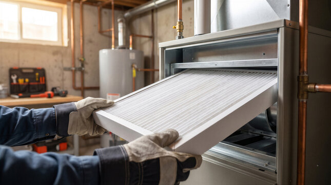 Hvac technician replacing a dirty air filter in a residential furnace system in a basement utility room