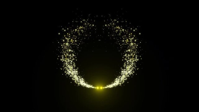Luxury golden glitter dust animation with magical swirl trail, sparkling light particles, twinkling stars and glowing gold effects on black background 4k cinematic seamless loop