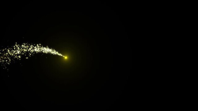 Golden magical glitter trail animation with sparkling fairy dust, luxury glowing particles, twinkling stars, elegant swirl path and shimmering gold light effects on black screen 4k
