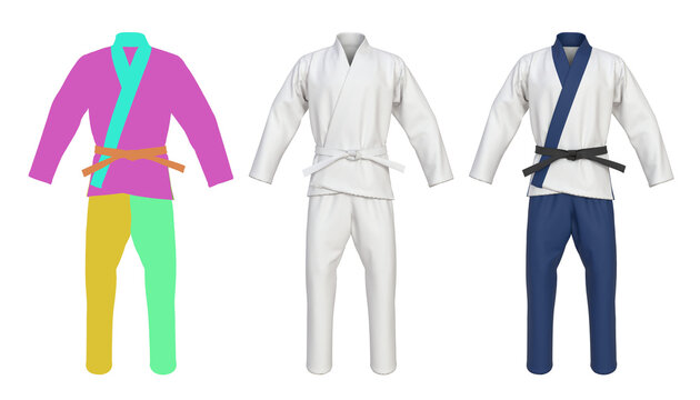 Front view of a martial arts gi used in Brazilian or Japanese jiu jitsu, karate, and judo. The uniform consists of a heavy cotton kimono jacket, reinforced trousers, and a rank denoting belt. 