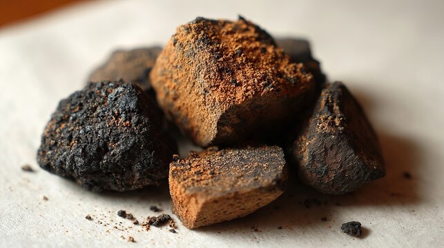 Raw dark chocolate truffles covered in fine cocoa powder sit beautifully on rustic paper for a gourmet culinary food presentation