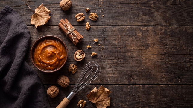 Pumpkin puree in bowl with cinnamon and walnuts on wood