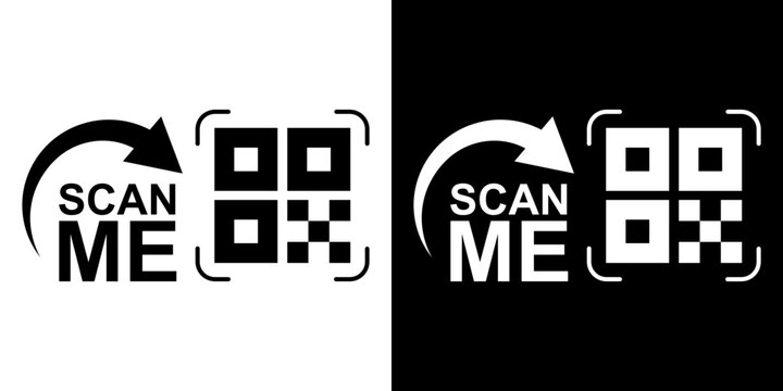 Target framed QR code icon featuring a curved arrow pointing right with Scan Me label. Flat vector illustration for mobile reader recognition, digital payment, URL redirection, and UI design.
