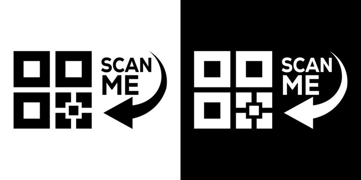 Target framed QR code icon featuring a curved arrow pointing right with Scan Me label. Flat vector illustration for mobile reader recognition, digital payment, URL redirection, and UI design.