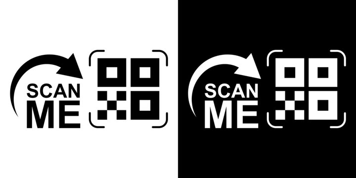 Target framed QR code icon featuring a curved arrow pointing right with Scan Me label. Flat vector illustration for mobile reader recognition, digital payment, URL redirection, and UI design.
