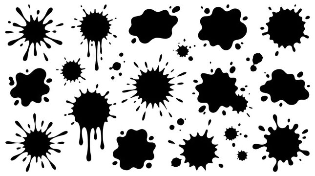 Black ink splatters and blotches collection.