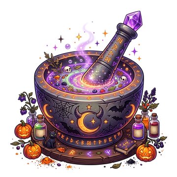 Mystical witch mortar and pestle with glowing purple magic potion for Halloween spell casting