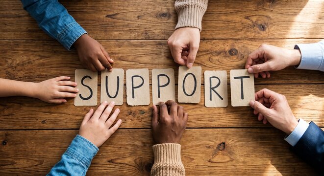 Diverse hands holding wooden tile letters spelling support word on rustic wooden table background top view concept copy space.