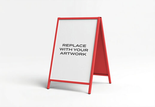 A-frame signboard mockup with blank white surface for artwork placement, studio environment neutral background, commercial advertising display template