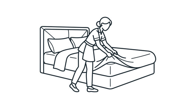 Housekeeper making a hotel bed with clean white sheets in a line art illustration style.