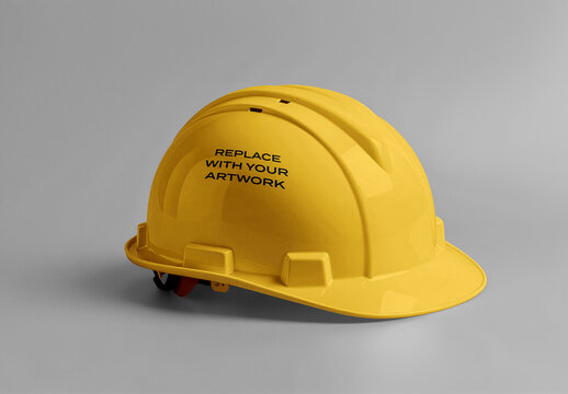 Hard hat mockup with placeholder text on a neutral gray background, realistic product presentation for branding and advertising, clean studio environment soft lighting shadow, Template