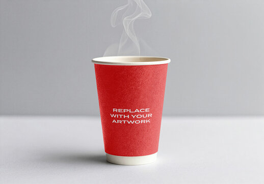Paper coffee cup mockup with steam rising, placed on a white surface against gray background, realistic beverage packaging presentation for branding and graphic design, template drink container