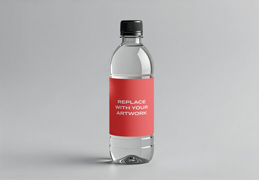 Clear plastic water bottle mockup with label placeholder and black cap, standing upright on a flat surface against studio background, packaging presentation template for branding product design