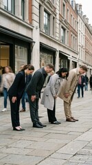 Fototapeta premium Group of four professionals in formal attire bowing on city street with pedestrians in background