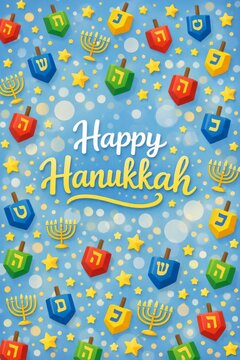 Happy hanukkah colorful dreidels and menorahs pattern on blue bokeh background for holiday card banner and festive design