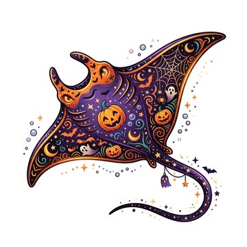 Hand-drawn Halloween manta ray with pumpkins and spooky festive decorations for party invites