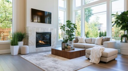Fototapeta premium Modern living room interior with fireplace, large windows, and cozy furniture