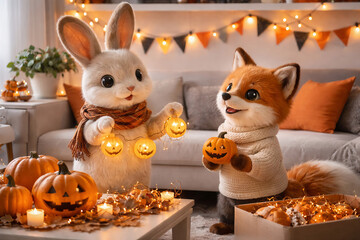 Naklejka premium Cute bunny and fox holding jack o lantern pumpkins to celebrate Halloween. Lovely animals in cozy sweaters decorating room for seasonal autumn holiday party with fairy light glow