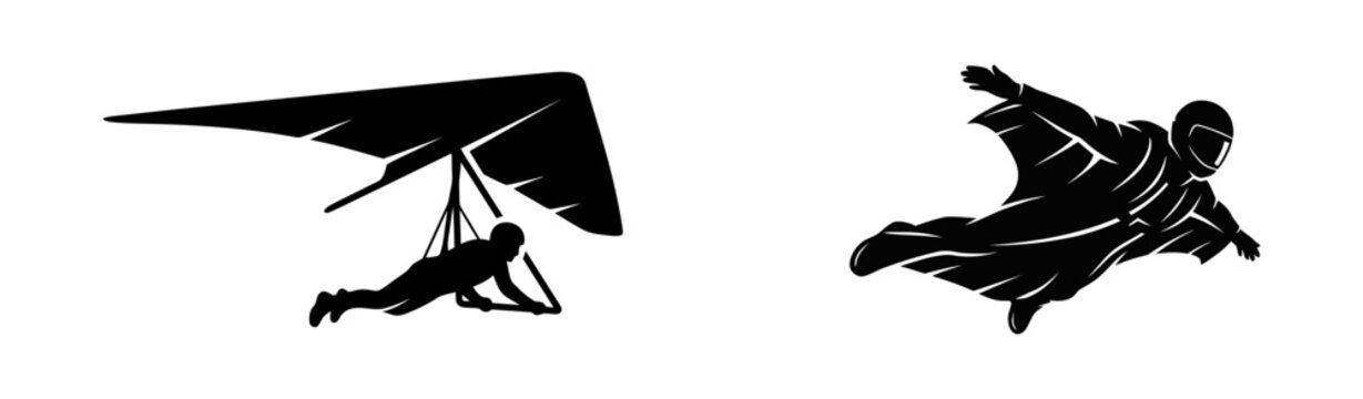 Black silhouette icons of a person hang gliding and a person flying in a wingsuit extreme sports set