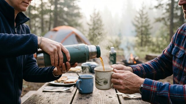 Woman pouring hot coffee from thermos into mug for man at camping table. Couple enjoying morning beverage at forest campsite. Outdoor lifestyle, adventure travel and relaxation concept