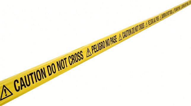 Yellow caution danger tape with bilingual warning text on white background for construction or security alert. concept of safety measures, professional risk management, industrial hazard.