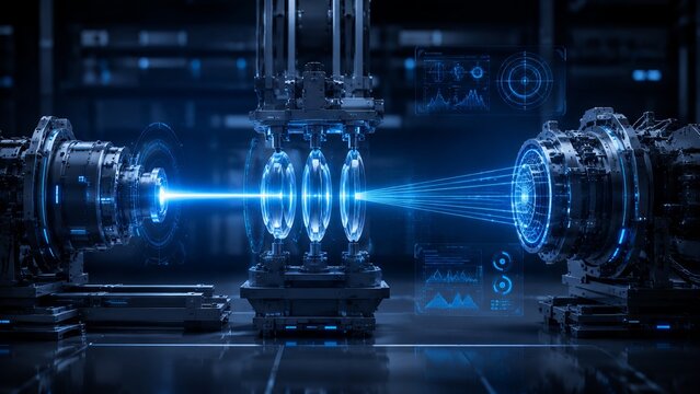 Laser beam passing through optical lenses in scientific laboratory. Precision industrial equipment with digital HUD interface. Advanced physics research, photonic technology, innovation