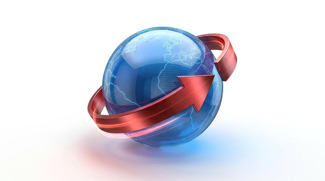 Global logistics 3D blue globe with red arrows.