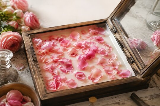 Artisanal enfleurage chassis with fresh damask rose petals in organic pomade