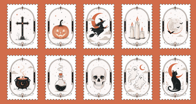 Vintage Halloween Stamp Collection with Gothic Spooky Illustrations and Celestial Designs
