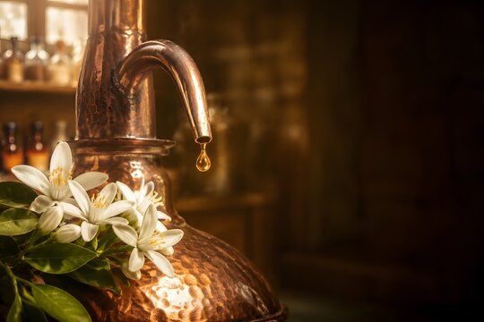 Pure orange neroli flower oil droplet suspended over copper distillation alembic