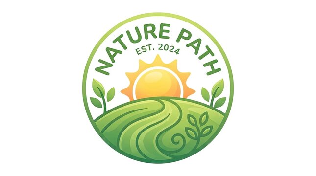 Nature Path organic circular badge with sun and hills.
