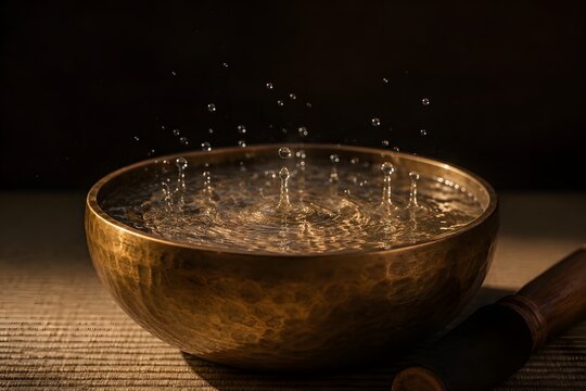 Hand hammered brass Tibetan singing bowl with resonant water ripple caustics