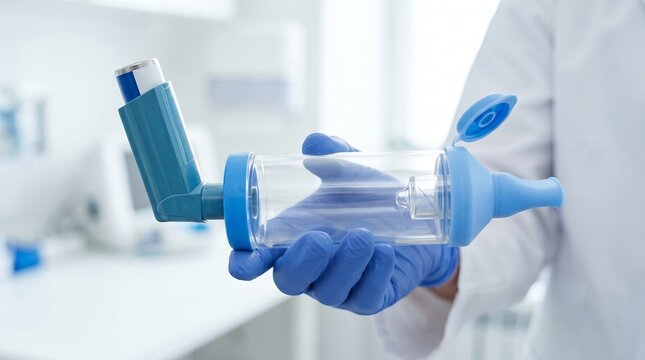 Woman doctor holding asthma inhaler with spacer in hospital clinic. Professional medical equipment for respiratory treatment and lung health. Healthcare concept for patient relief
