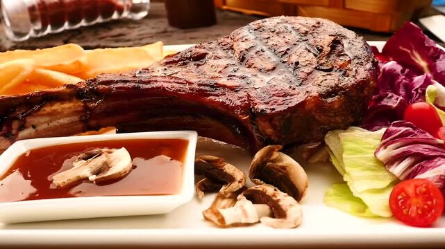 Grilled tomahawk steak served on a white plate with fresh mixed salad, french fries, mushrooms, and dipping sauce. Delicious gourmet meat dish.