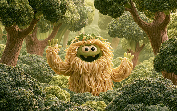 Playful spaghetti monster character waving in surreal broccoli forest