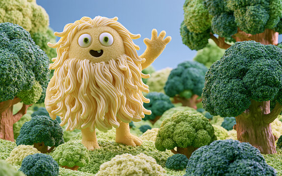 Playful spaghetti monster character waving in surreal broccoli forest