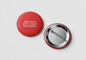 Circular button pin mockup with front and back views on a neutral background, clean flat layout for branding, graphic design, print, advertising, Template, product presentation