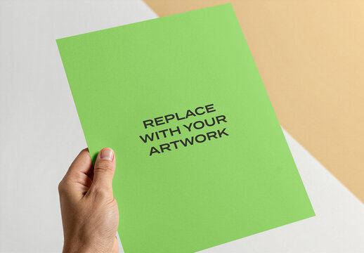 Paper mockup held in hand for graphic design presentation, minimalist stationery branding display on white and beige background, print media template