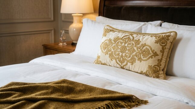 Luxurious Hotel Bed with Decorative Pillow and Cozy Blanket.