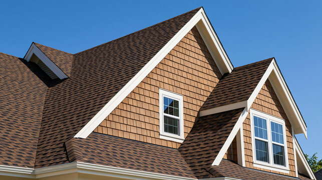 Modern house roof with brown asphalt shingles and wood siding under a clear blue sky. Ideal for real estate or construction imagery.