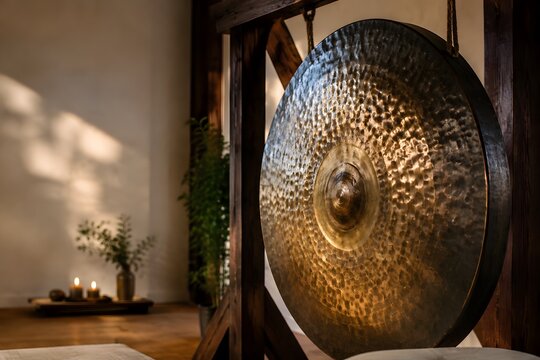Hand hammered bronze meditation gong with radial vibration ripple caustics