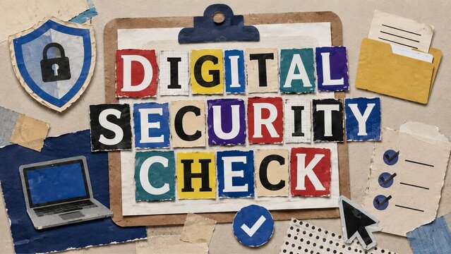 Digital security check concept with ransom note style collage and cut out magazine paper letters on clipboard background. unique cybersecurity-themed illustration.