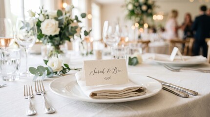 Fototapeta premium Wedding place setting with name card on table. Elegant dinner arrangement with white flowers, wine glass and cutlery. Celebration event decor for reception party in restaurant interior
