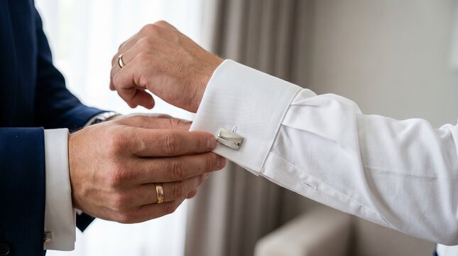 Man adjusting silver cufflinks on white shirt sleeve for wedding. Groom getting dressed in formal suit. Elegance and preparation for celebration. Concept of men fashion and groom style