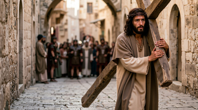 Jesus Christ carrying the wooden cross on his shoulder. Man with crown of thorns walking down ancient street of Jerusalem. Biblical reenactment of the Passion of Christ